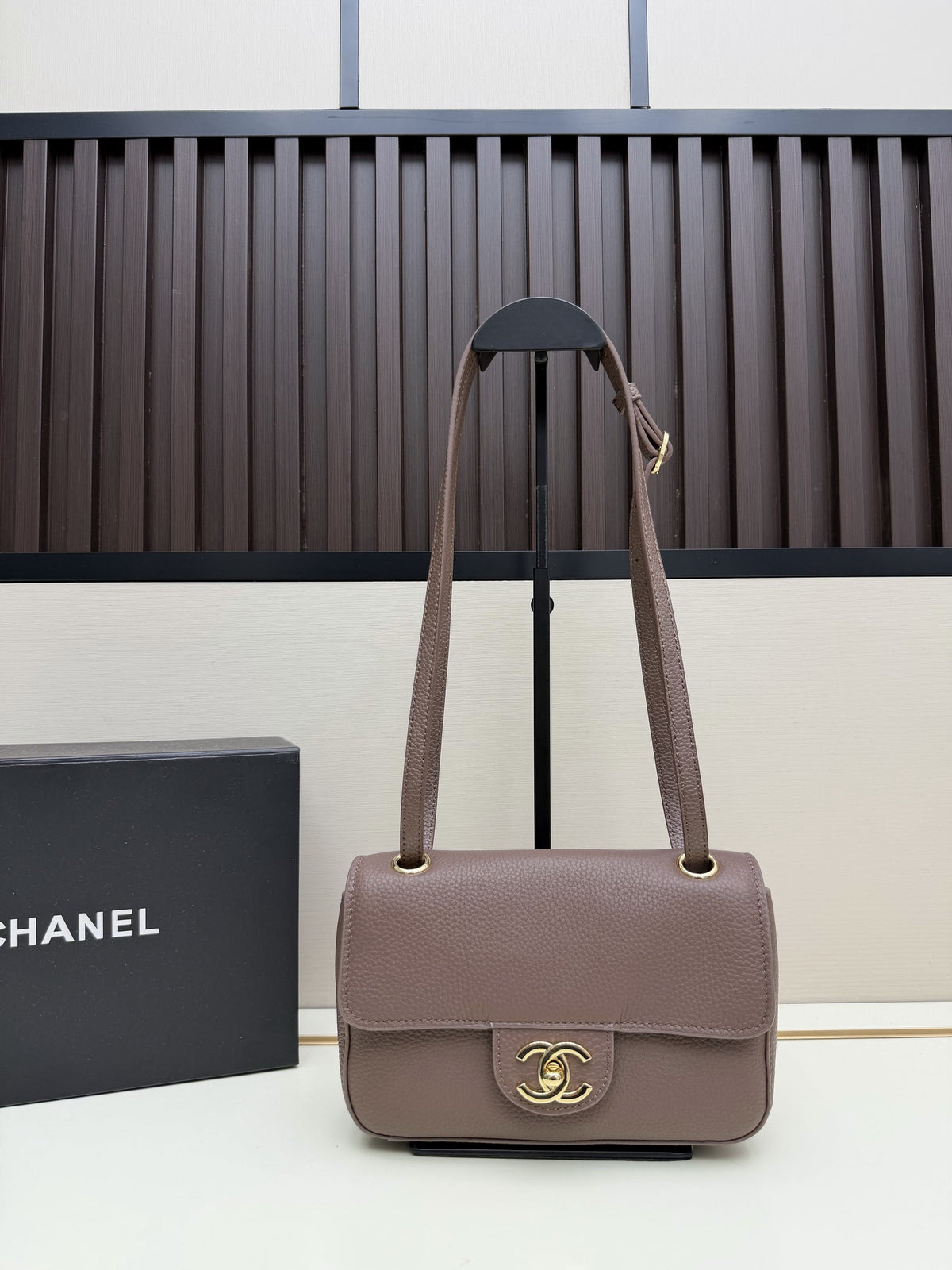 Chanel Taupe Leather Flap Shoulder Bag with Gold-Tone Clasp