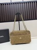 Chanel Quilted Suede Camera Bag with Gold Chain Straps