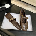 Chanel Brown Quilted Mary Jane Flats with Gold Buckle