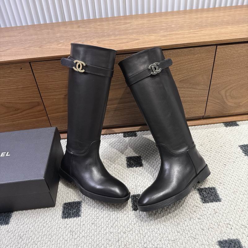 Chanel Black Leather CC Logo Knee-High Riding Boots