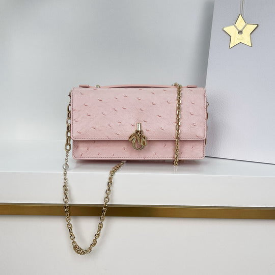 Pink Ostrich-Embossed Chain Shoulder Bag
