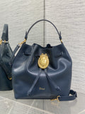 Drawstring Bucket Bag – Navy Blue Leather