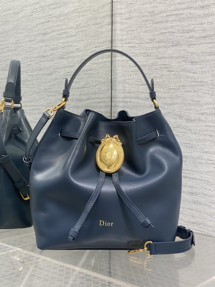 Drawstring Bucket Bag – Navy Blue Leather