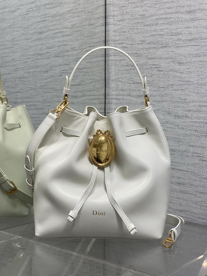 White Leather Drawstring Bucket Bag with Gold Medallion