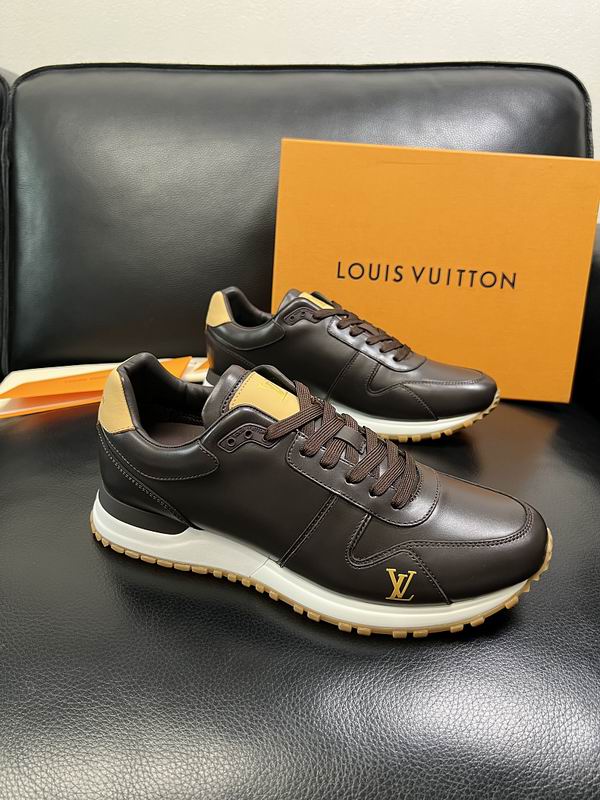 Louis Vuitton Run Away Sneaker in espresso brown smooth calf leather with gold LV monogram hardware, displayed with original orange Louis Vuitton box
