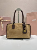Miu Miu Suede Arcadie Top Handle Bag – Beige/Cognac with Gold Hardware