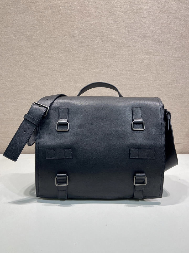 Prada Black Leather Messenger Bag with Gunmetal Hardware