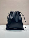 Prada Black Leather Drawstring Pouch Bag