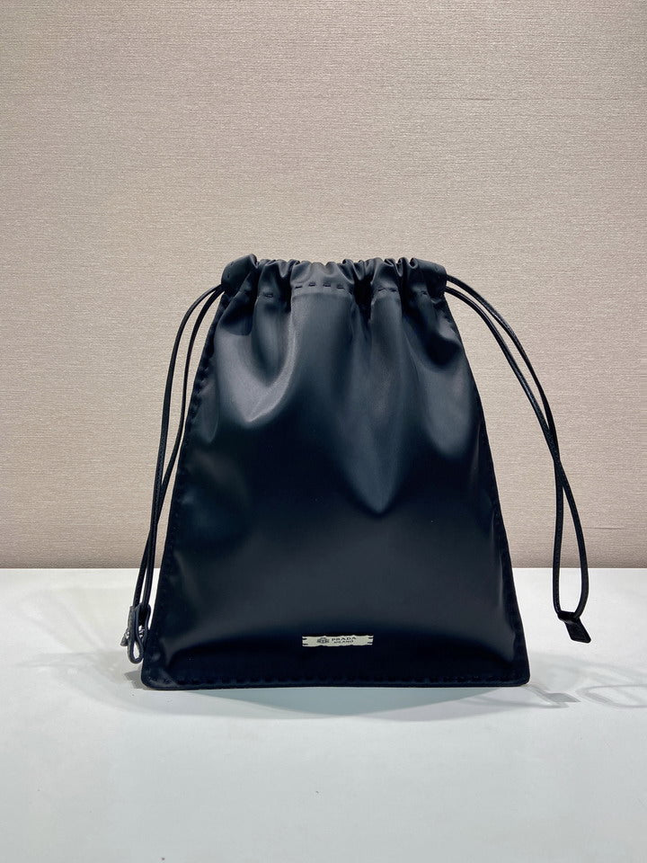 Prada Black Leather Drawstring Pouch Bag