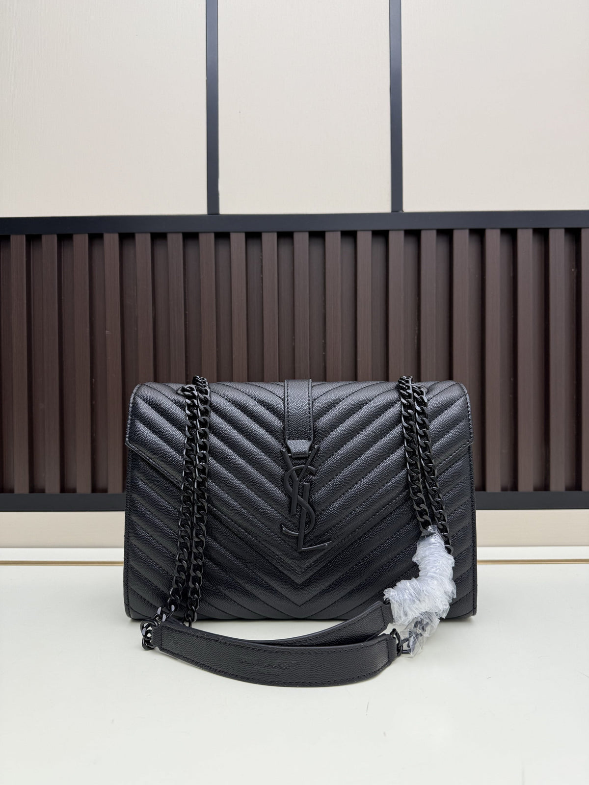 YSL Black Chevron Quilted Shoulder Bag with Chain Strap